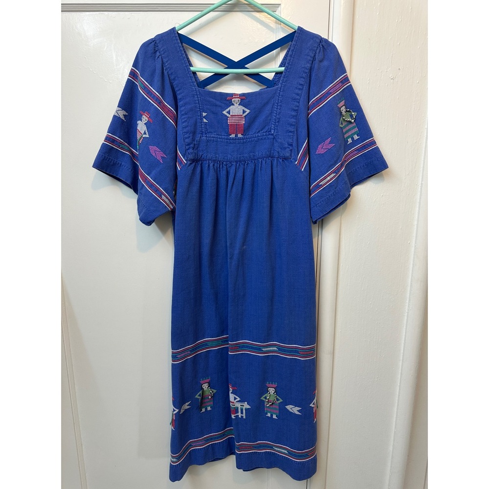 Vintage Guatemalan Mayan Folk Art Embroidered Blue Cotton Huipil Dress Boho